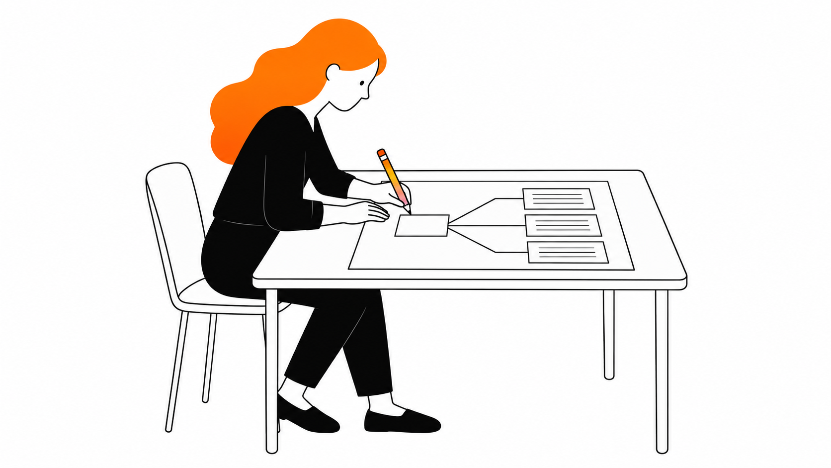 A person with orange hair sits at a table drawing a diagram in pencil, one box branching into three outlined panels.